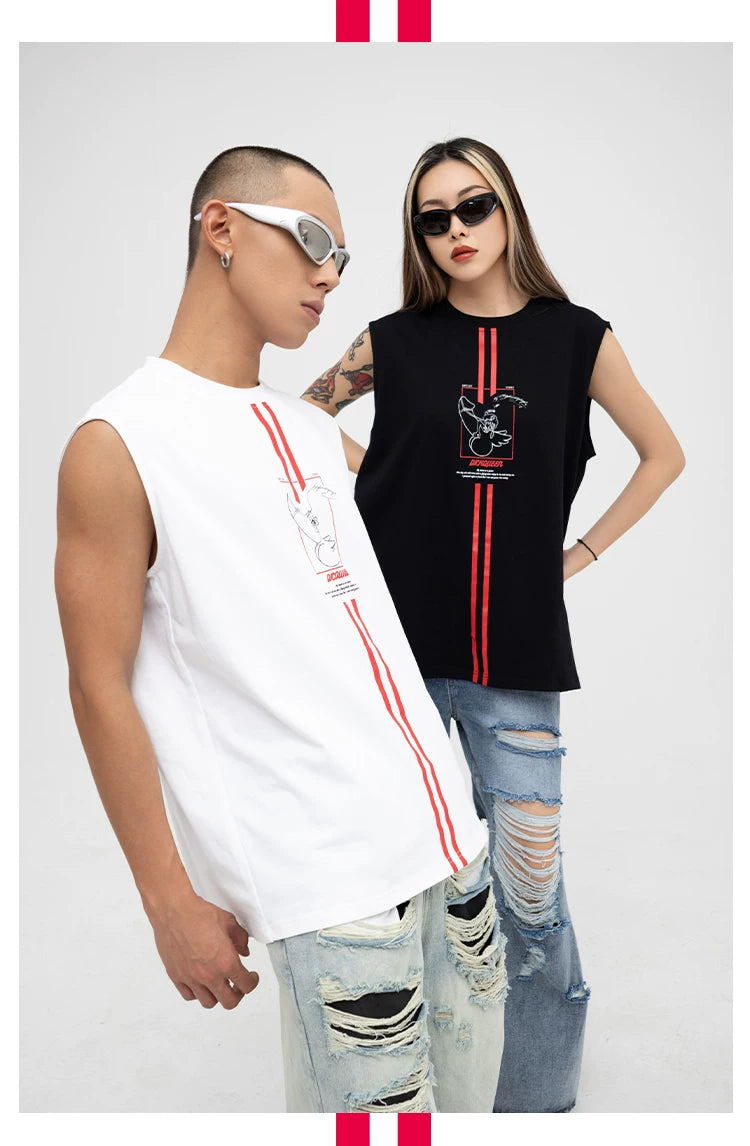 Men's White Loose Hand-Printed Tank Tops