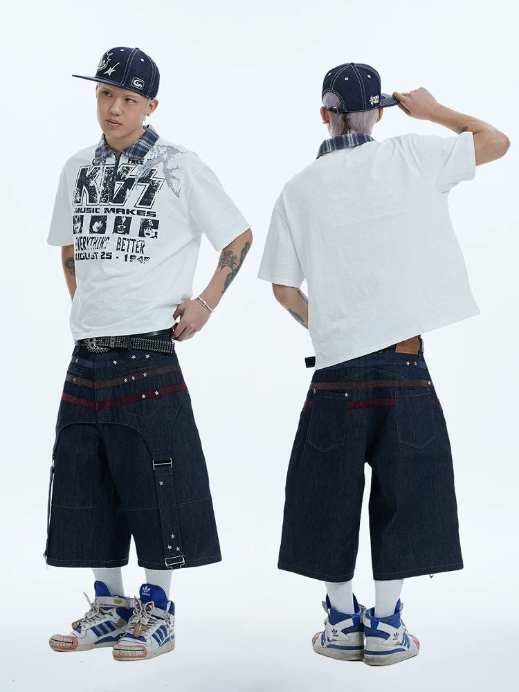 Star Suede Patchwork Cropped Denim Shorts