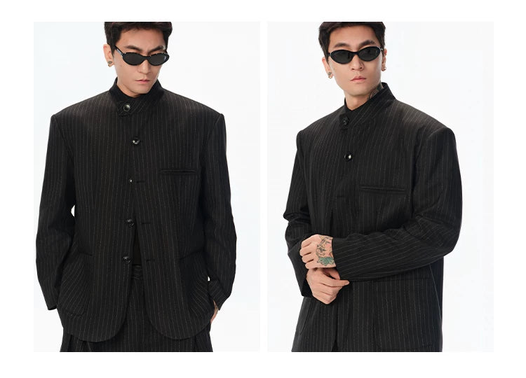 Black Striped Wool Stand Collar Blazer
