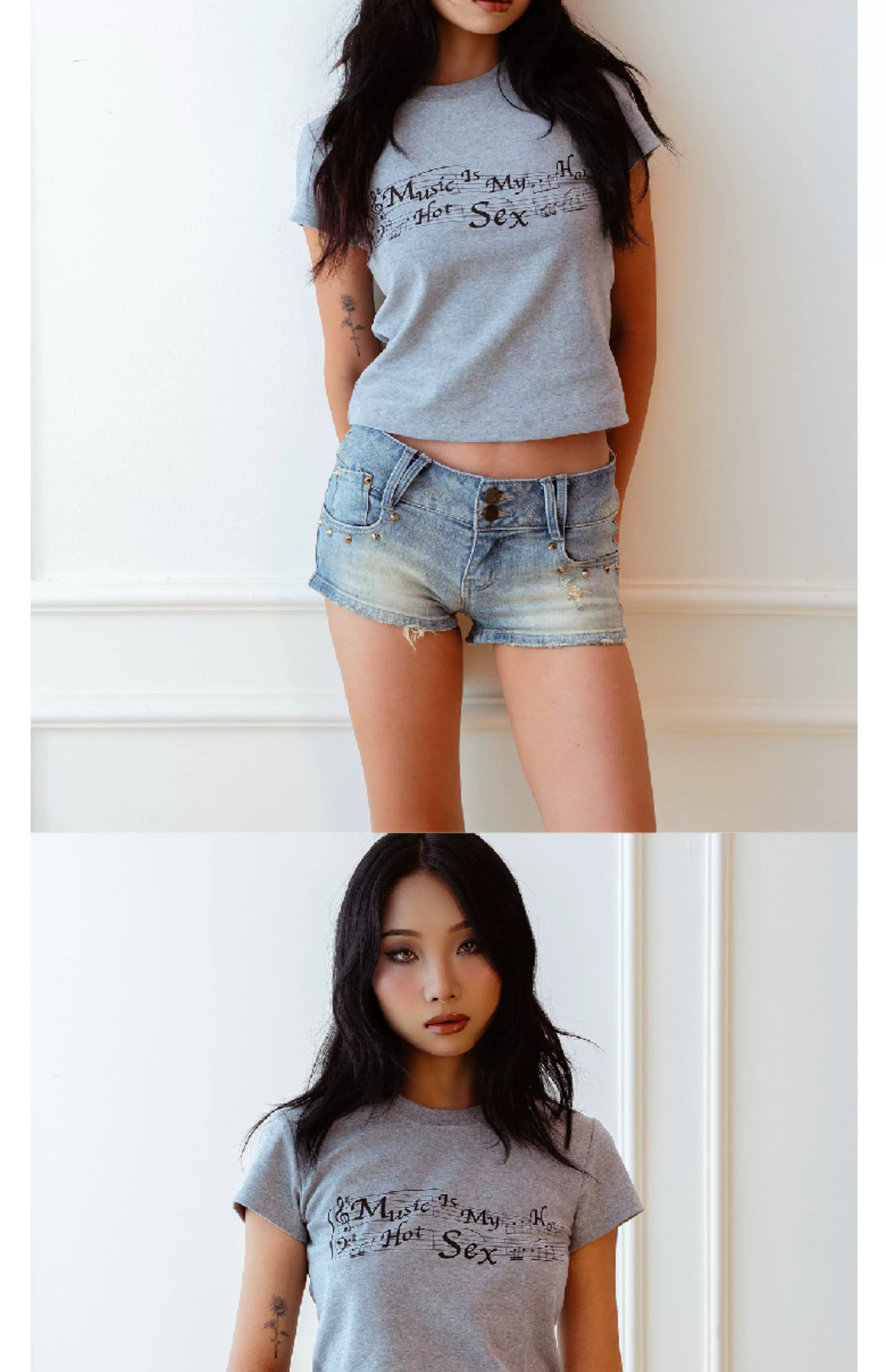 Music Printed Crop Slim Stretch Tee