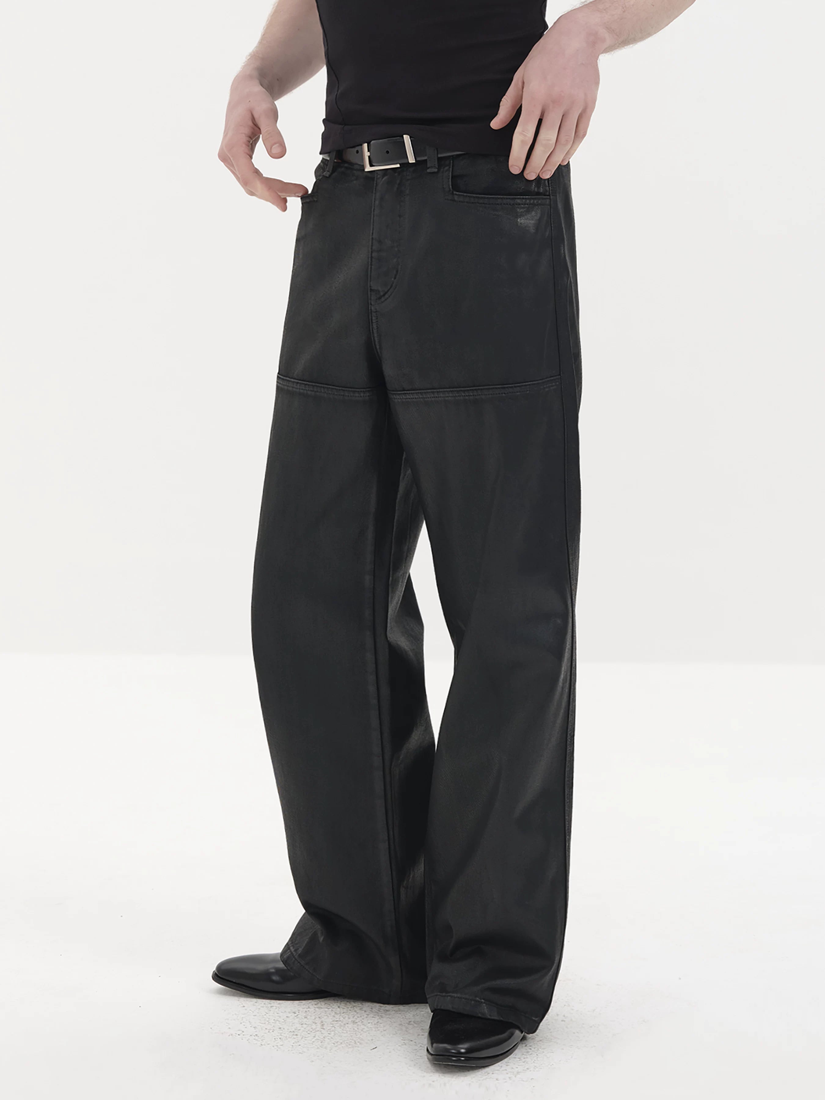 Fitting Waxed Leather Patchwork Straight Jeans