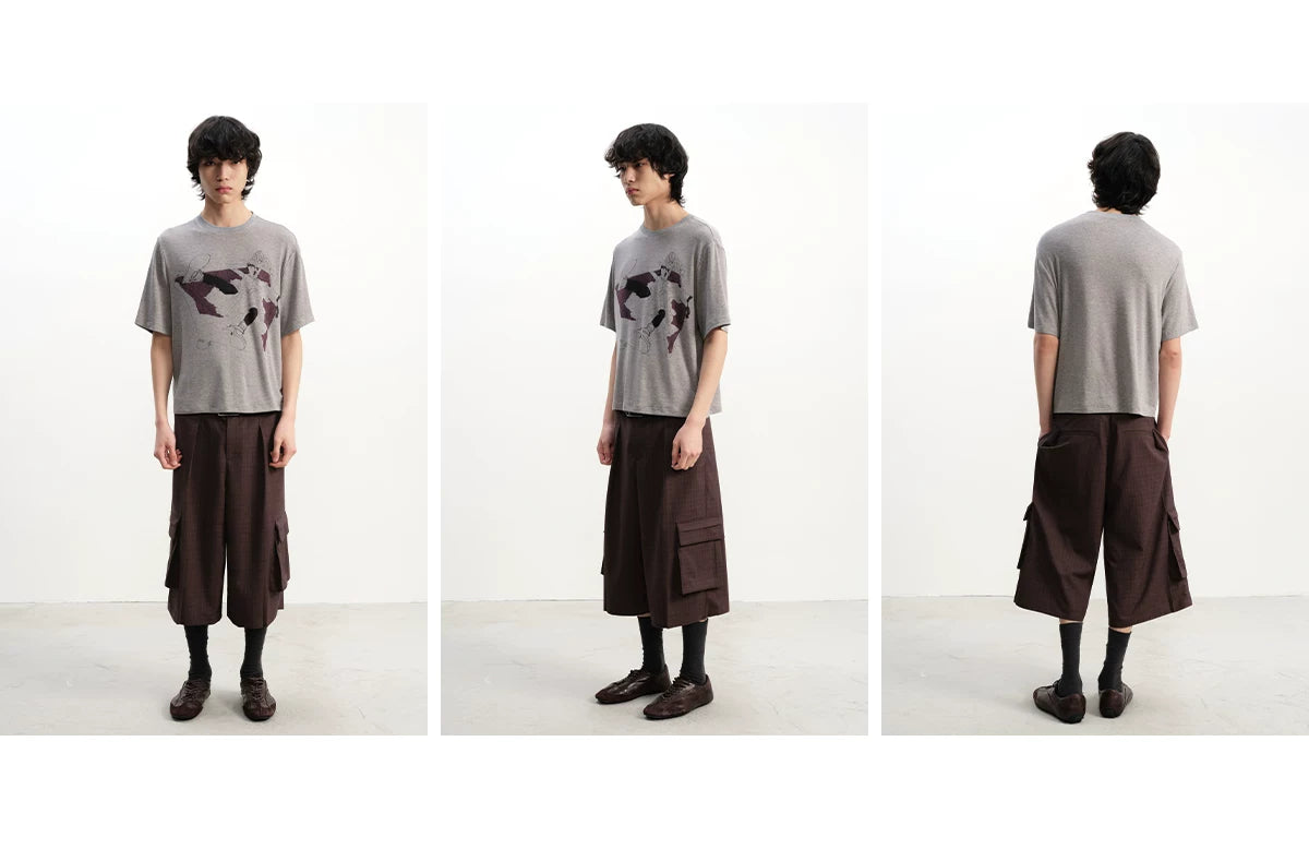 Straight Plaid Pleated Cargo Shorts