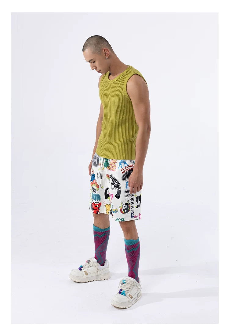Men's Loose Drawstring Graffiti Beach Shorts