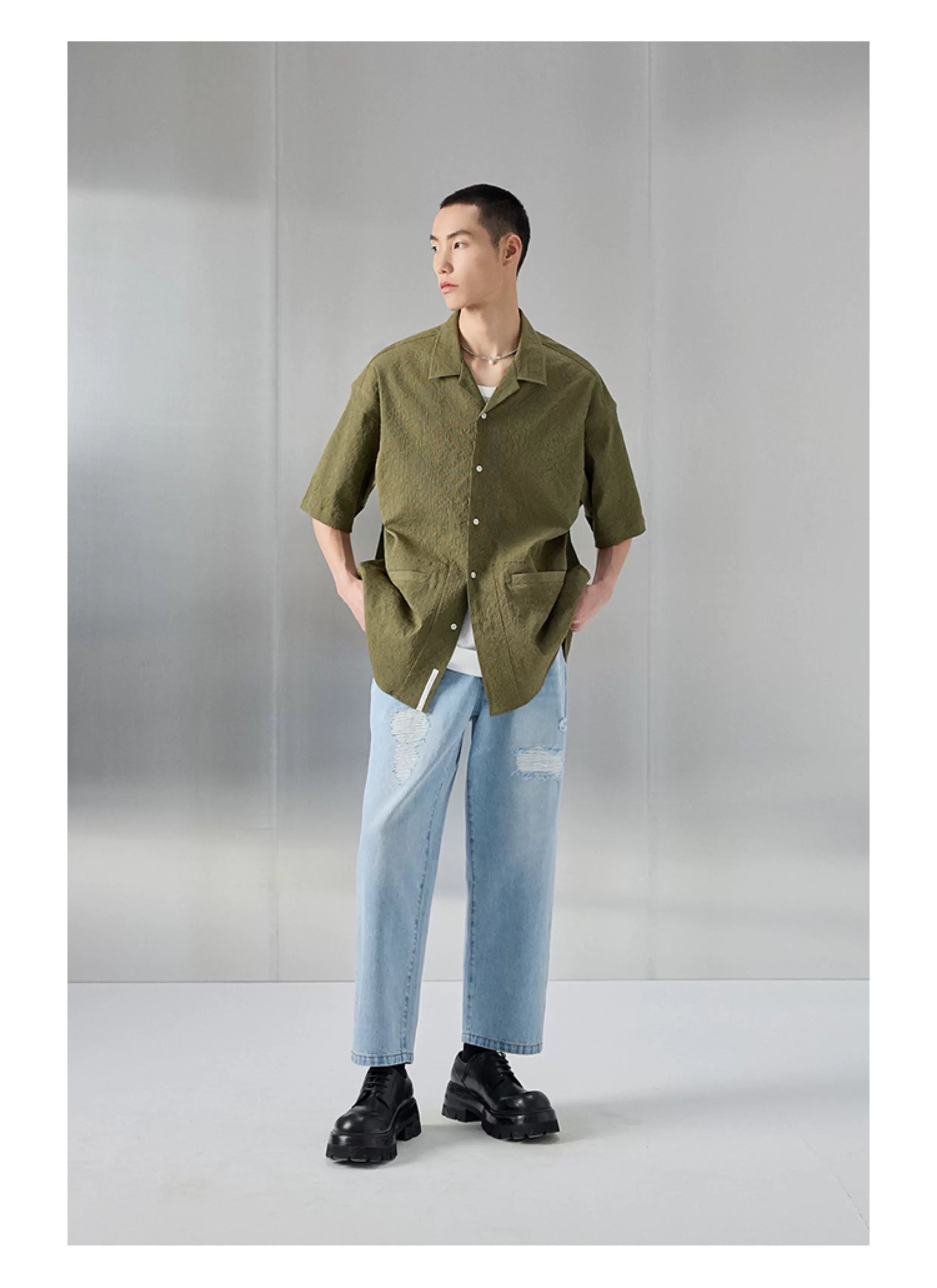 Bark Textured Cuban Collar Casual Shirt