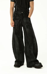 Men's Loose Distressed Black Curved Jeans