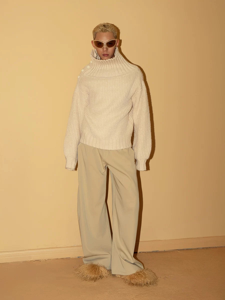 Men's Apricot Wool Side-buttoned Turtleneck Sweater