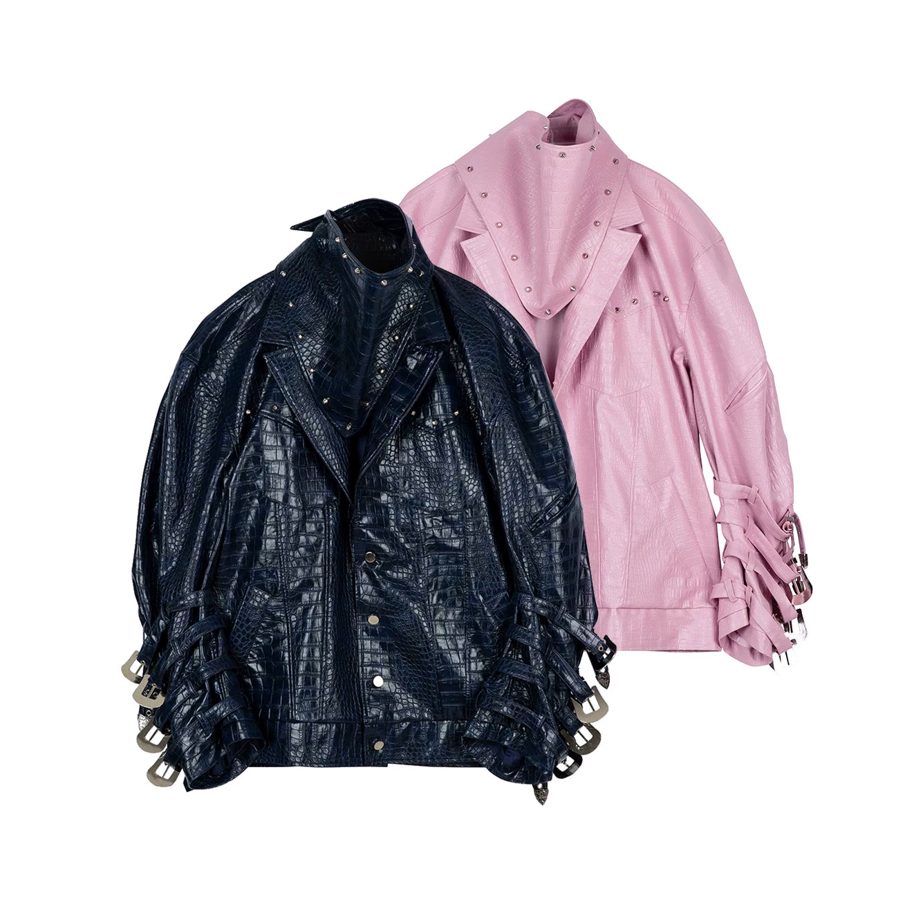 Two-Tone Metal Buckle Leather Trench Coat