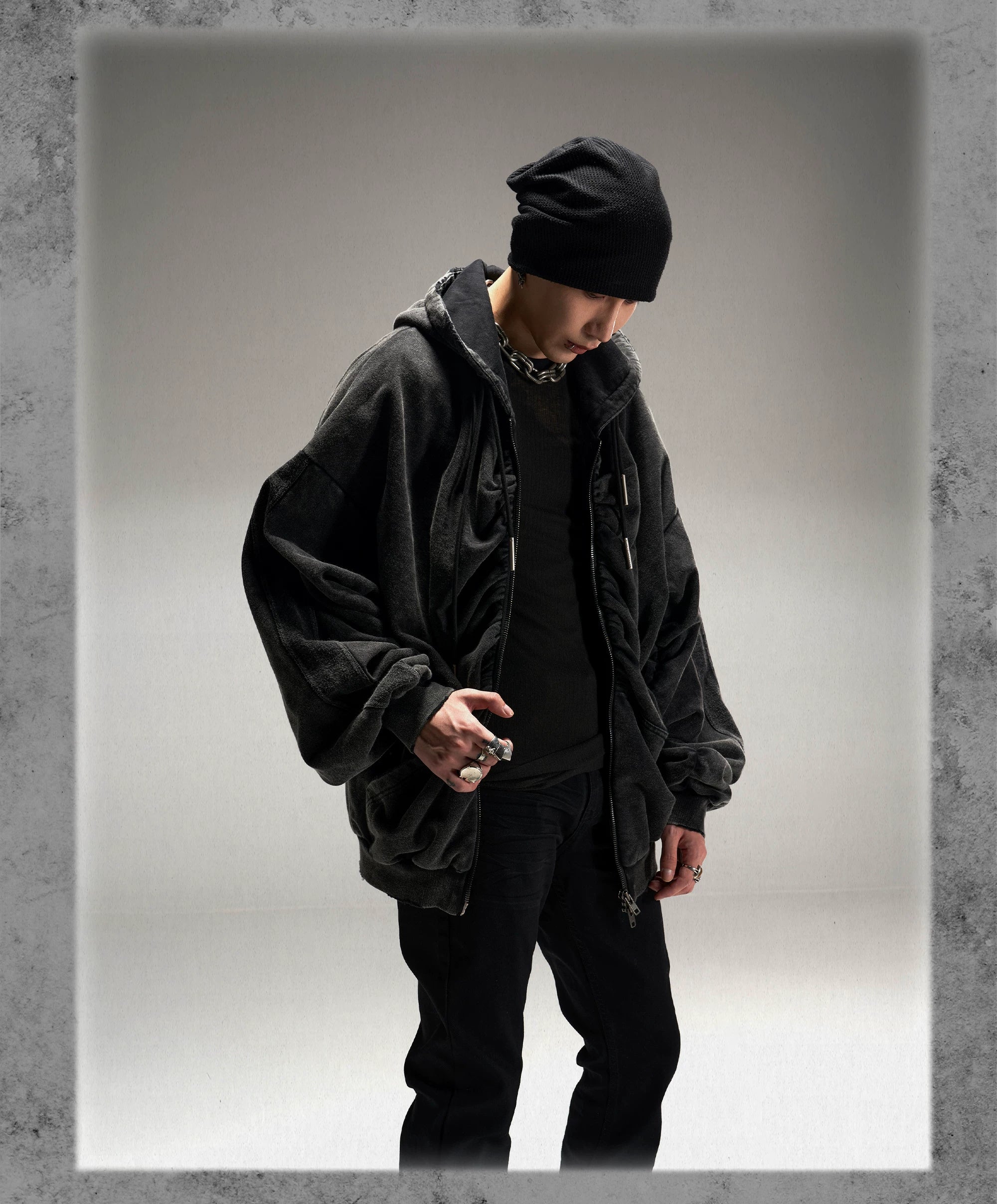 Black Loose Patchwork Zip Hoodie
