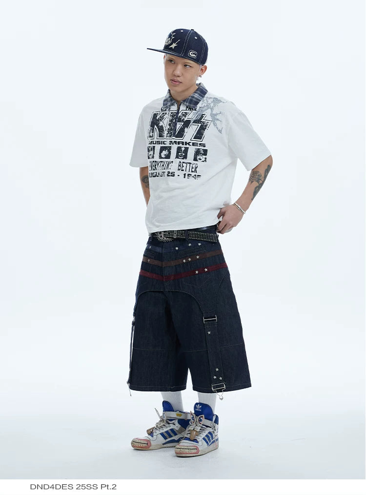 Star Suede Patchwork Cropped Denim Shorts