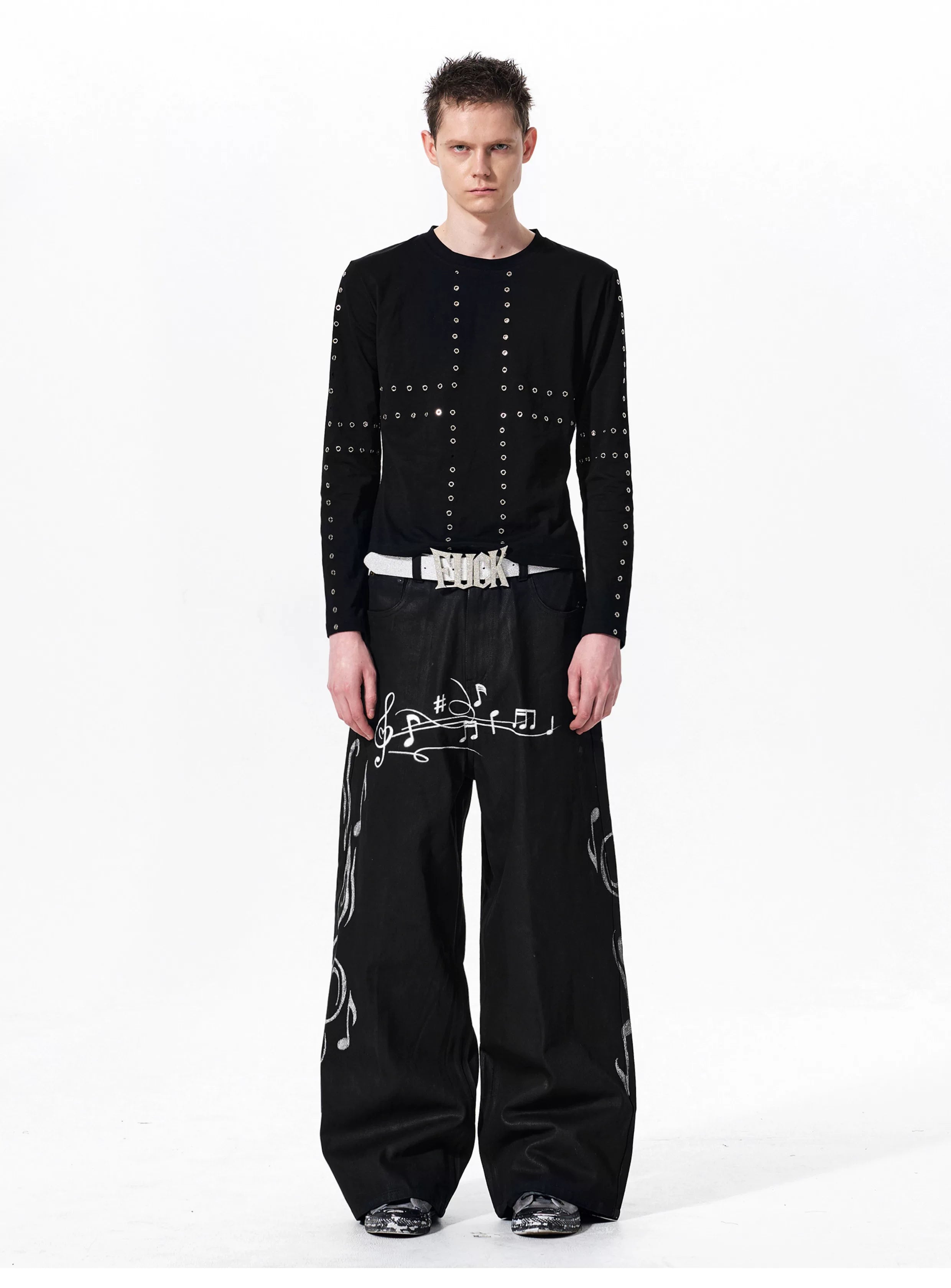 Waxed Note Print Straight Jeans