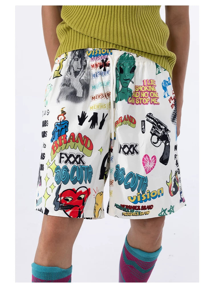 Men's Loose Drawstring Graffiti Beach Shorts