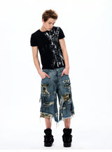 Street Style Splatter Ripped Cropped Pants