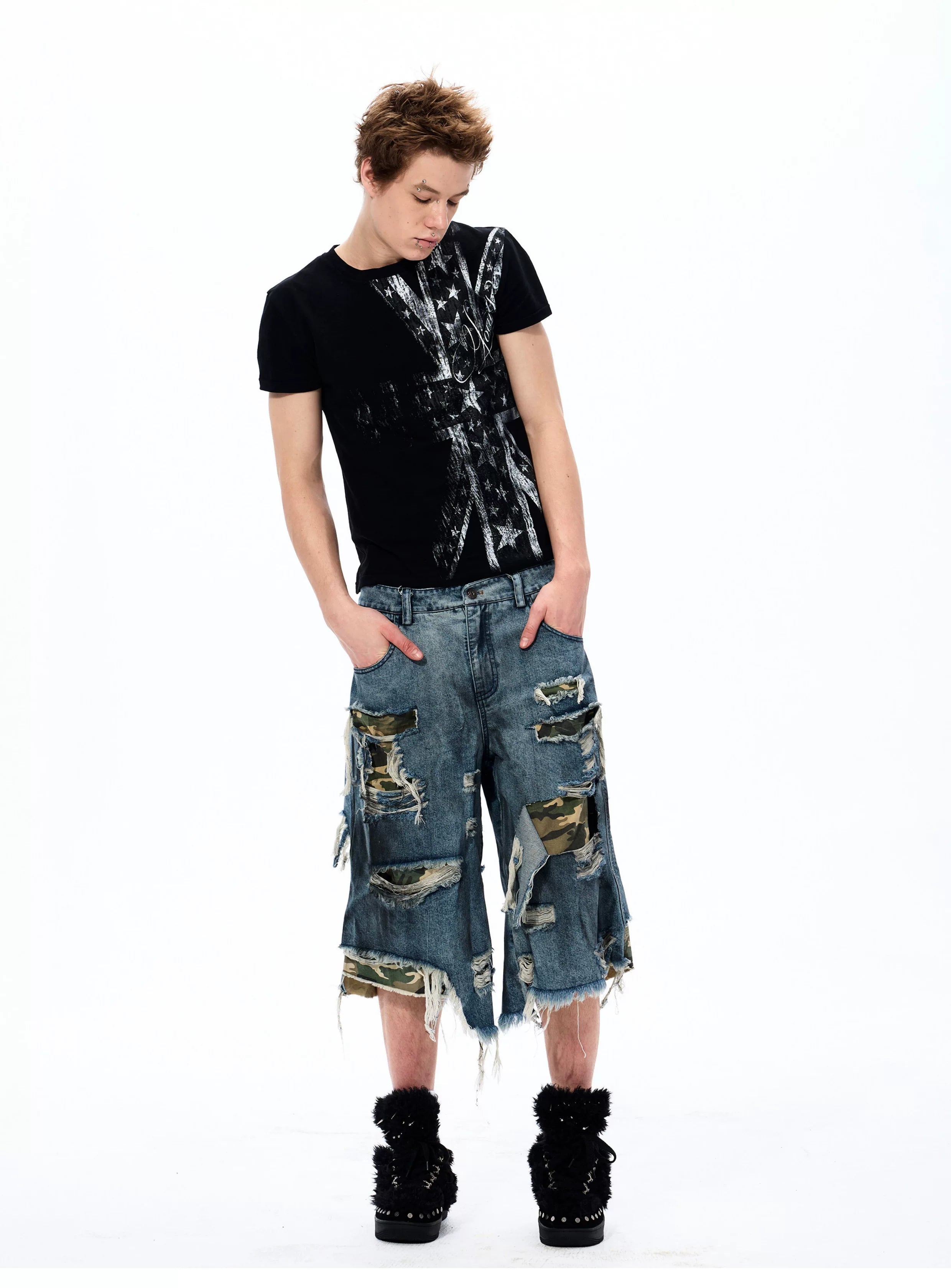 Street Style Splatter Ripped Cropped Pants