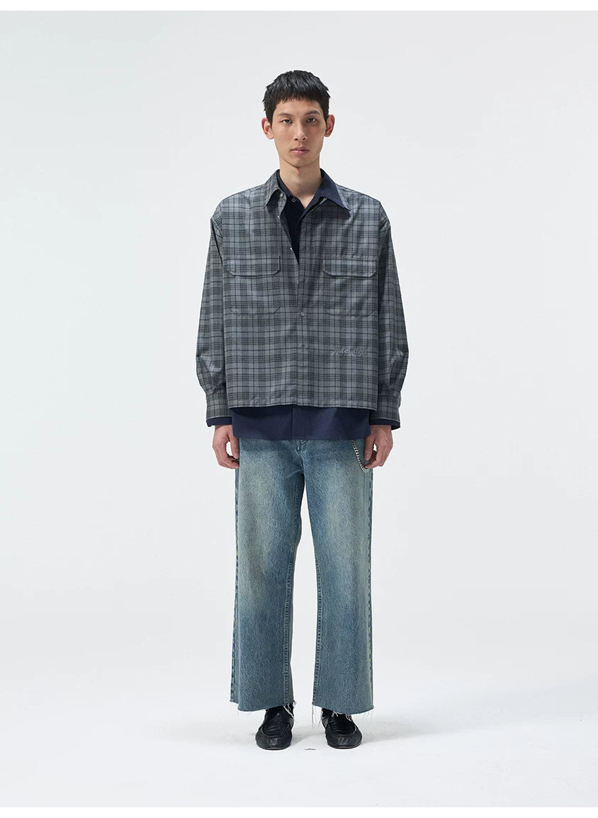 Short Color Block Plaid Cargo Shirt