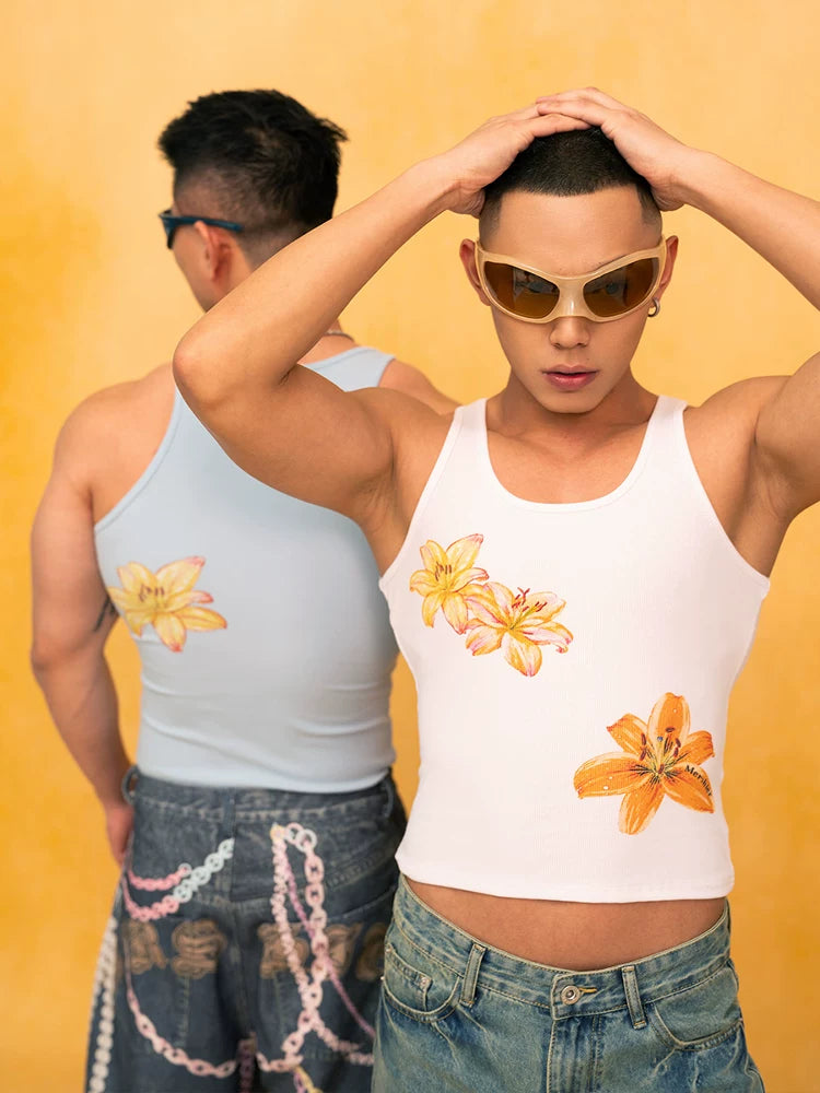 Blue White Floral Slim Crop Tank