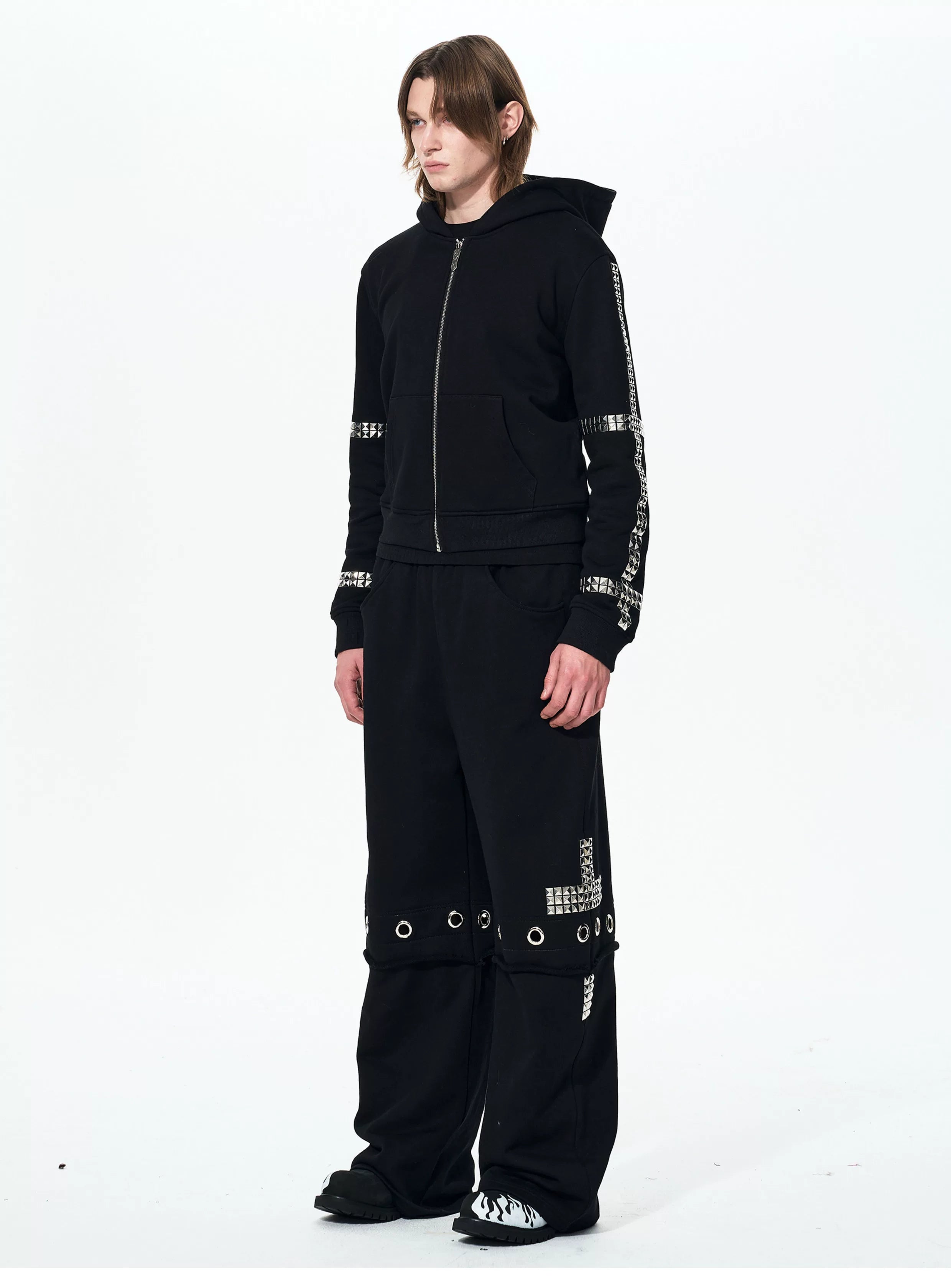 Men's Black Straight Two-In-One Riveted Sweatpants