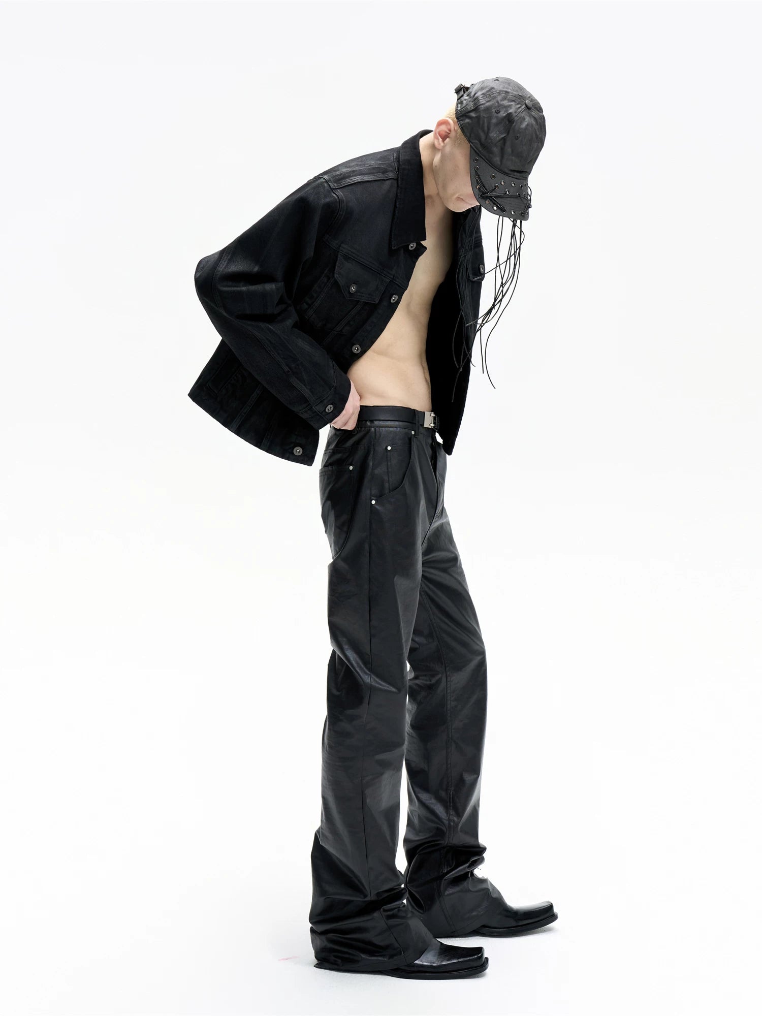 Dark Stacked Waxed Straight Skinny Pants
