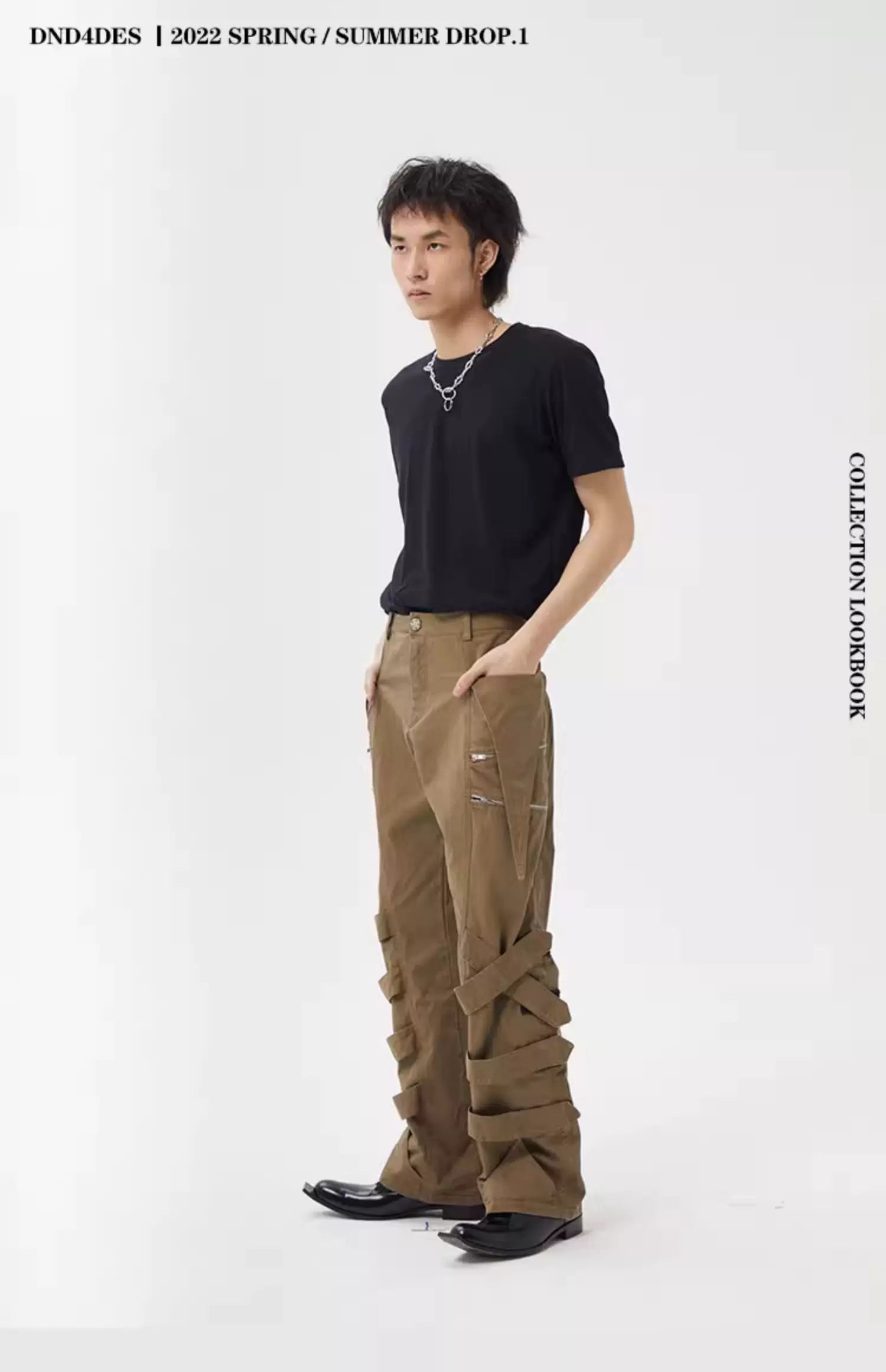 Vintage Brown Tie-Waist Wide-Leg Cargo Pants