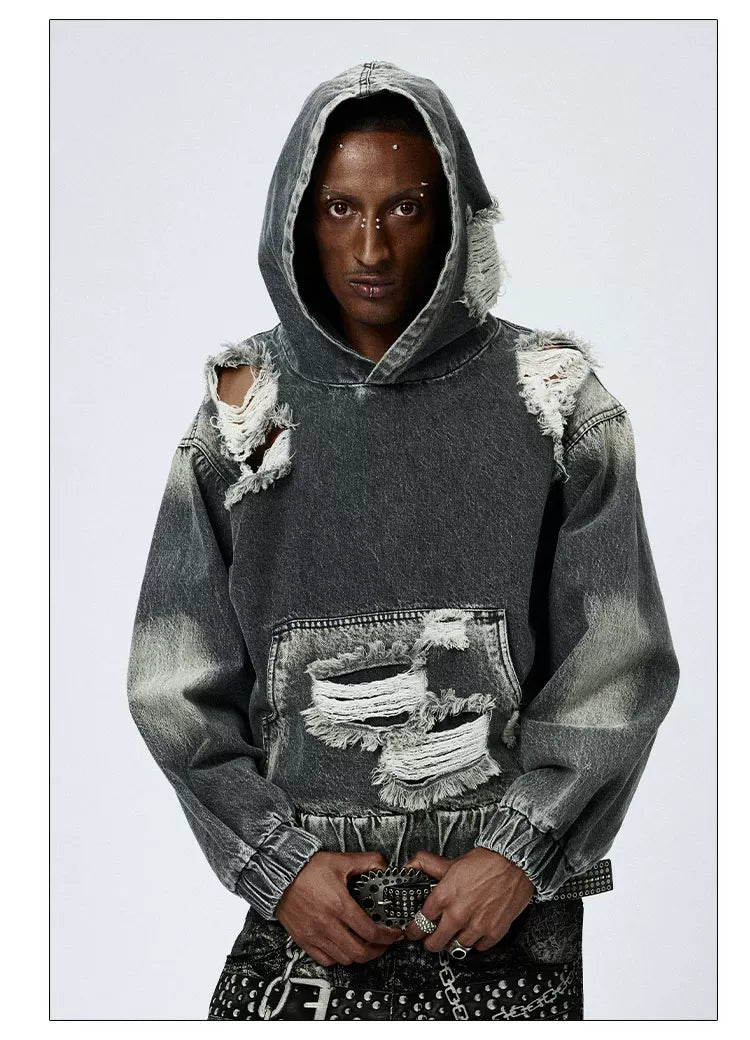 Washed Distressed Drop Shoulder Cropped Hoodie