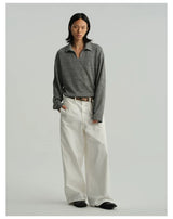 Pleated Distressed White Baggy Denim Jeans