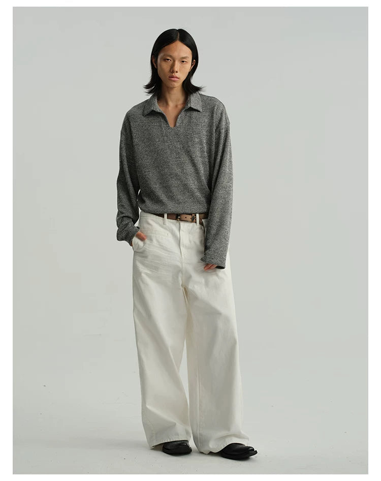 Pleated Distressed White Baggy Denim Jeans