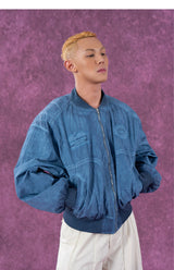 Men's Textured Gray Blue Bomber Jacket