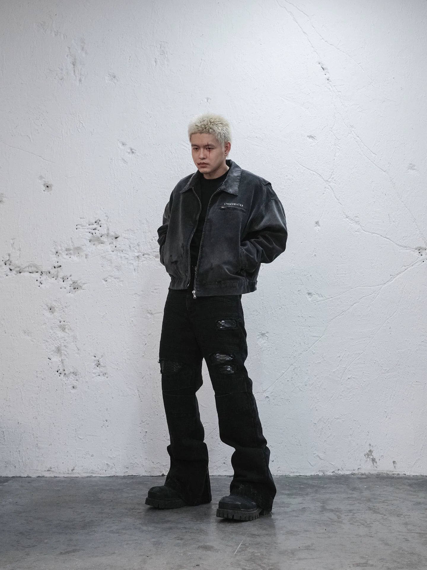 Washed Distressed Printed Gradient Detroit Jacket