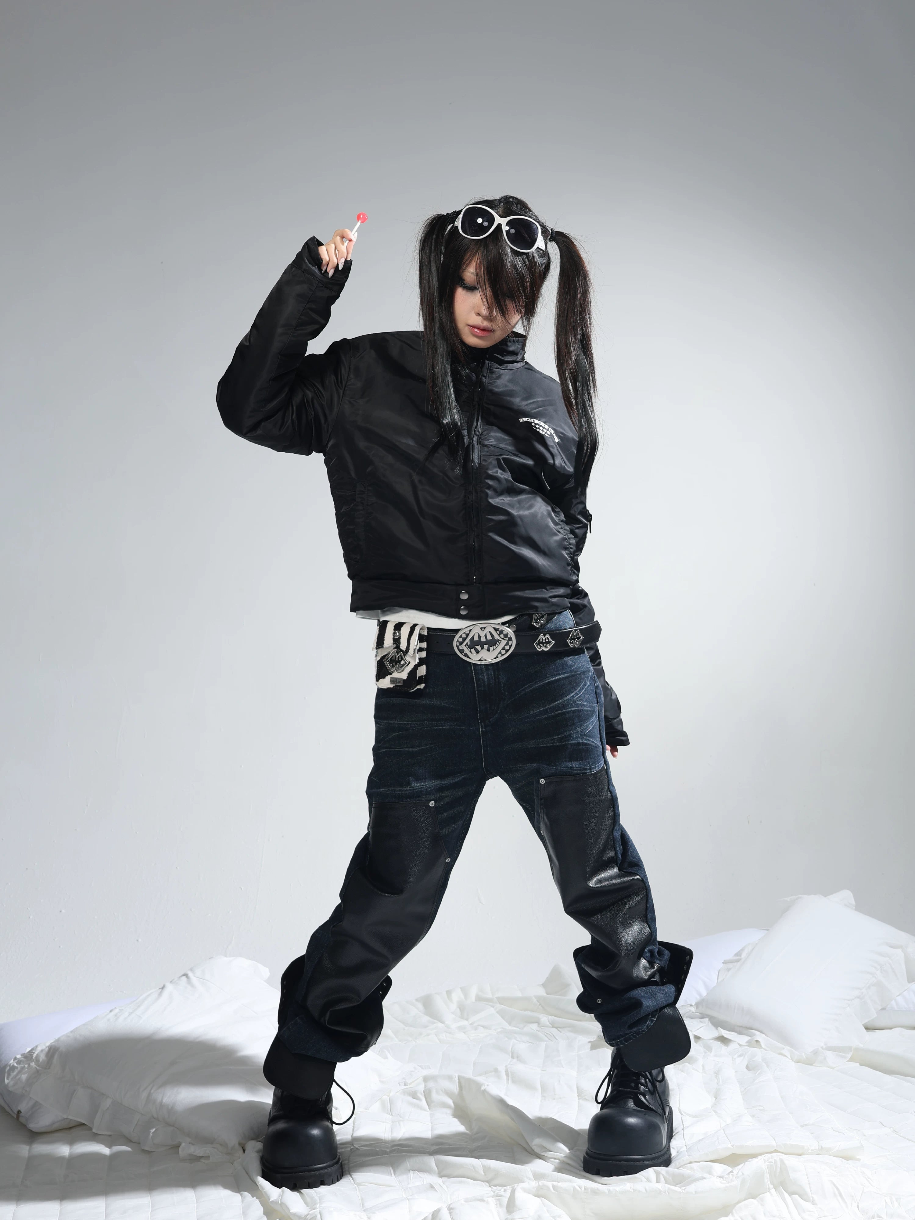 Dark Blue Whiskered Leather Straight-Leg Jeans