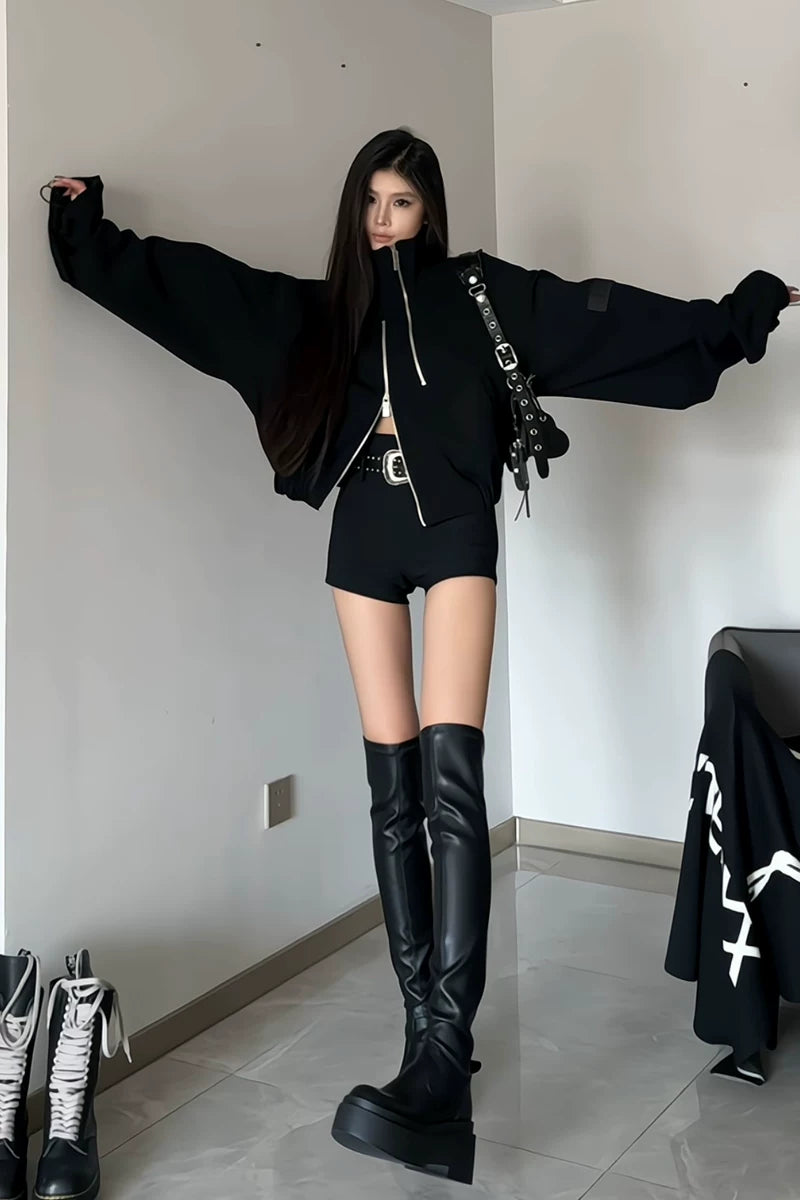 Asymmetric Zip Cropped Turtleneck Jacket