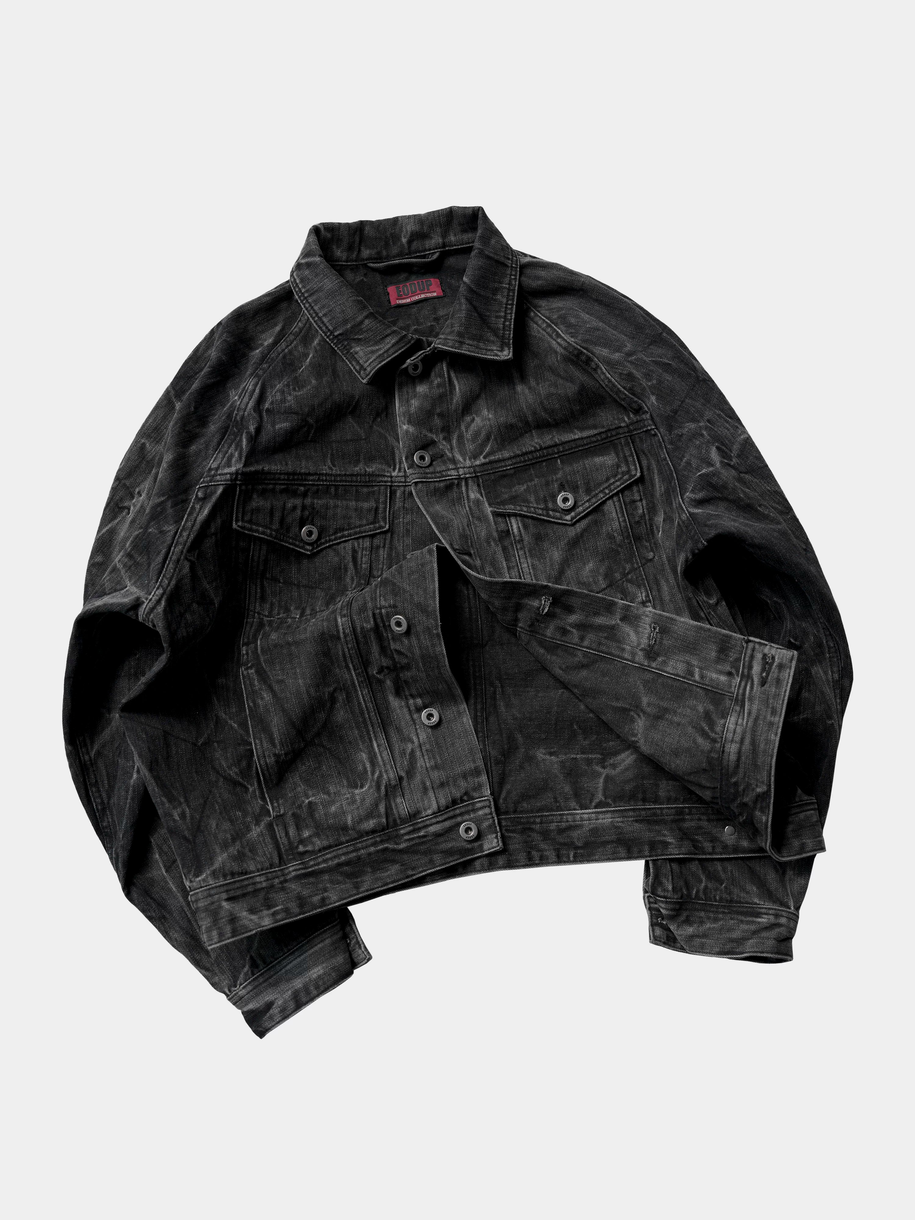 Washed Distressed Gray Raglan Denim Jacket