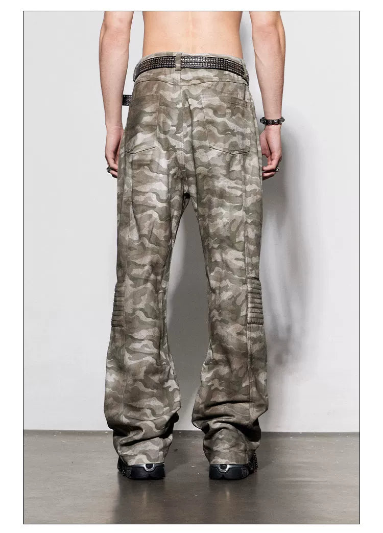 Rugged Distressed Camo Flare Cargo Pants