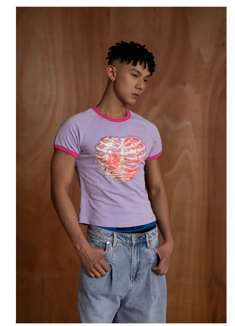 Slim Purple Heart Skeleton Rhinestone Tee