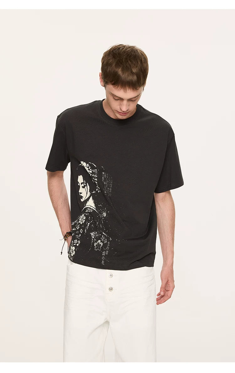 Geisha Print Casual Boxy Tee
