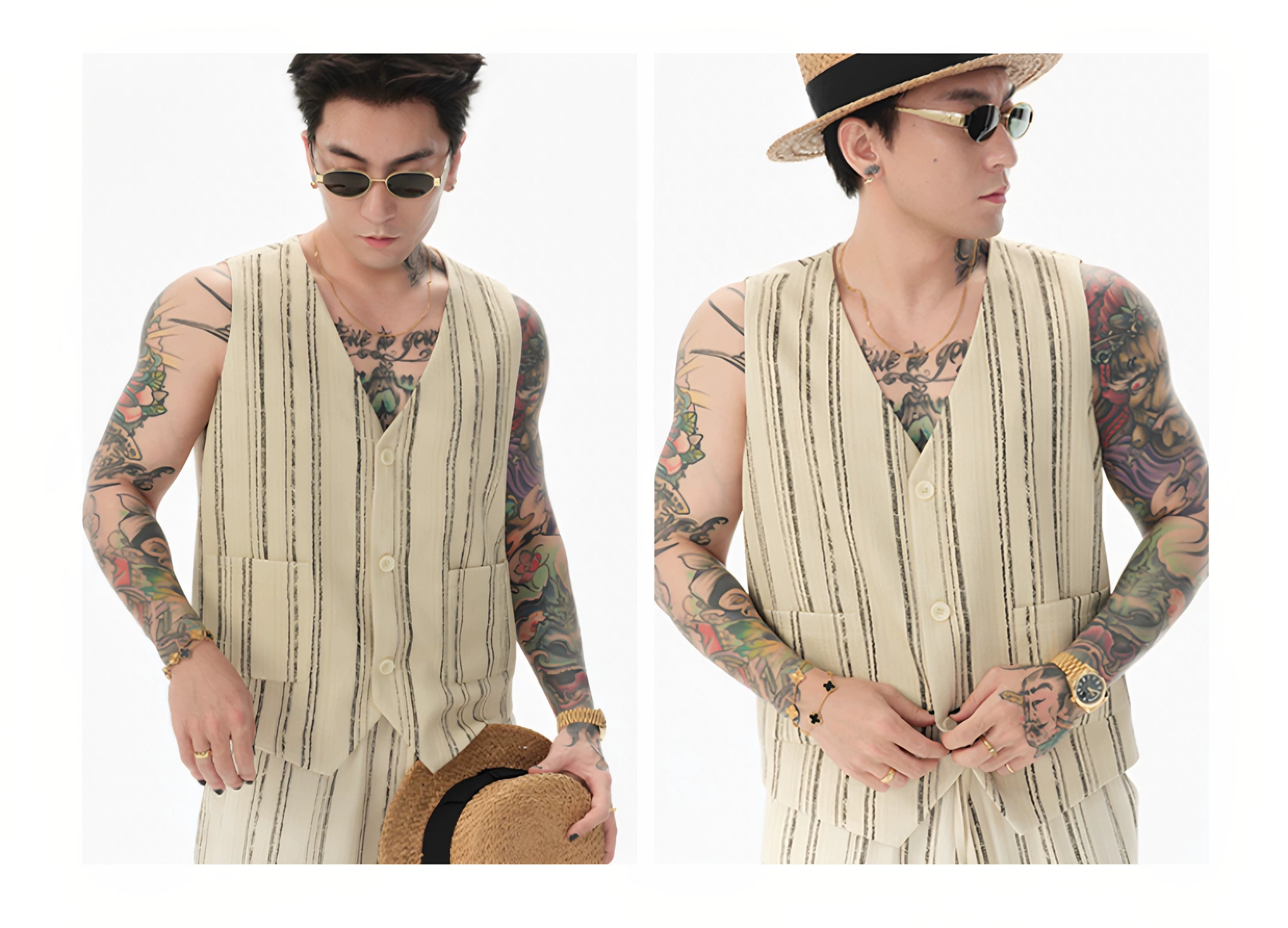 Distressed Vintage Striped Vest Pants Set