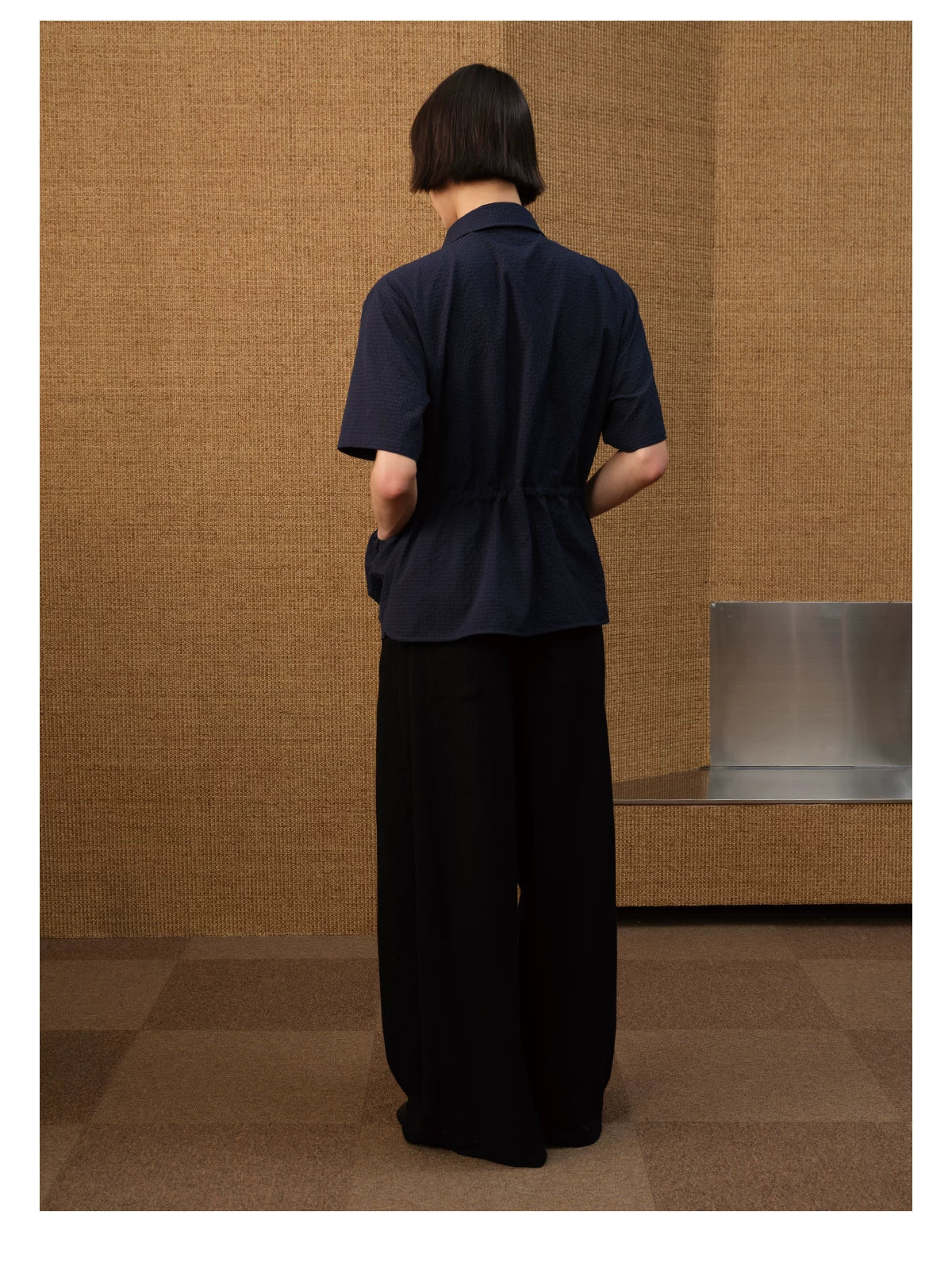 Short Sleeve Bubble Pleat Drawstring Shirt