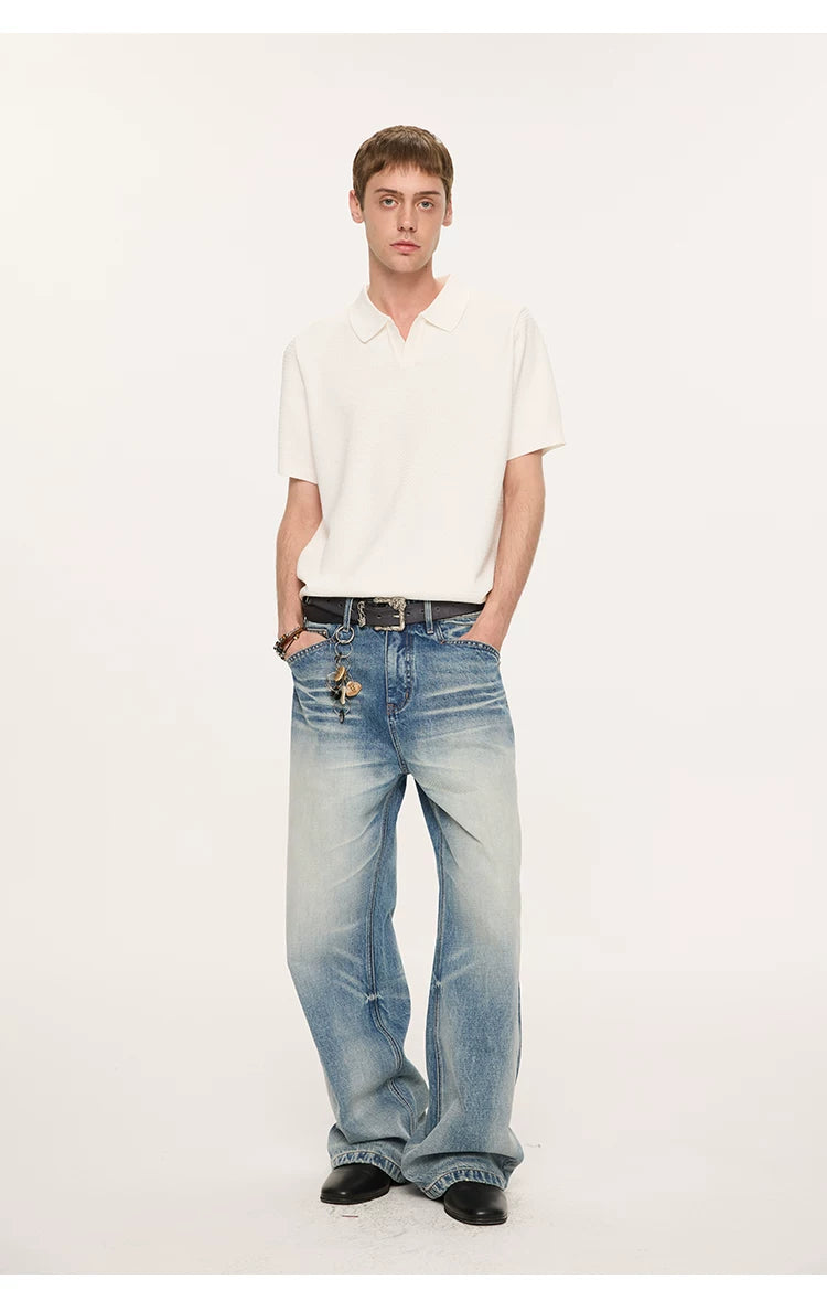 Wheat Jacquard V-Neck Knit Polo Tee