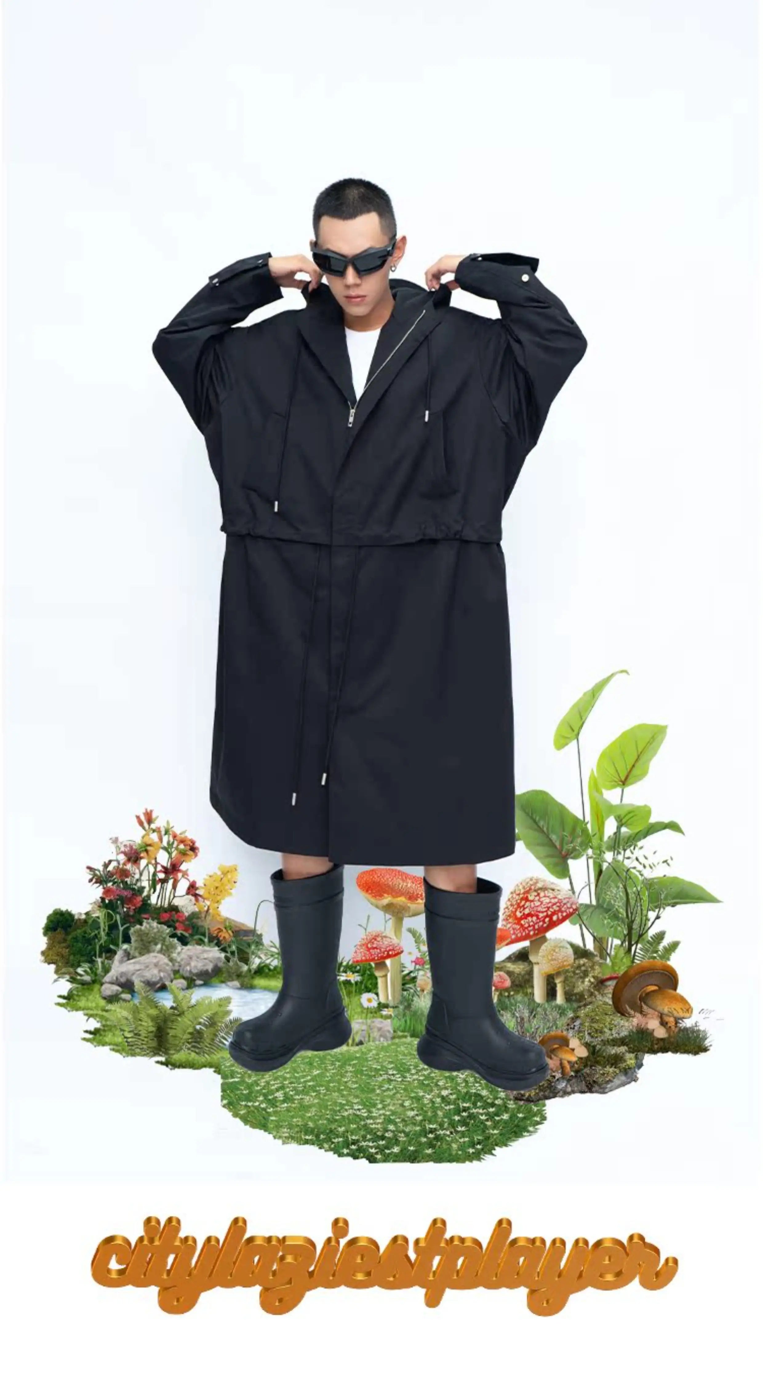 Hooded Long Water-resistant Waist-cinched Trench Coat