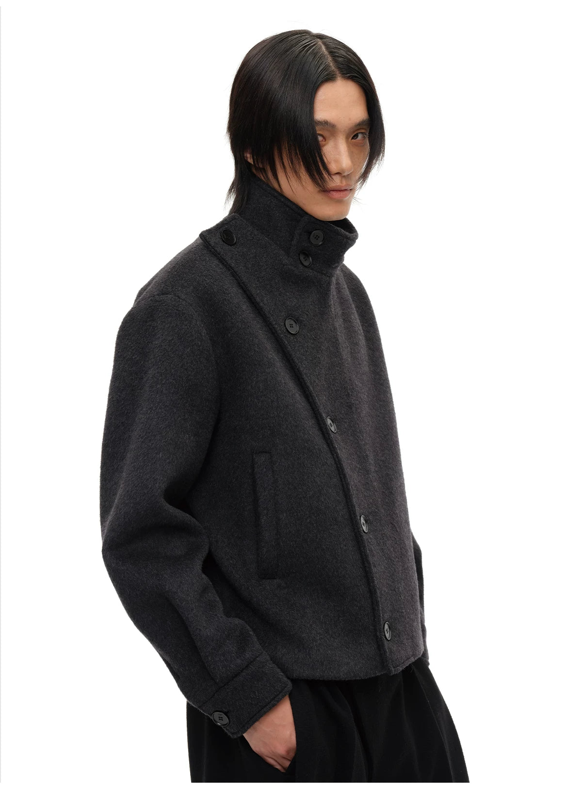 Collared Buttoned Adjustable Waist Wool Jacket