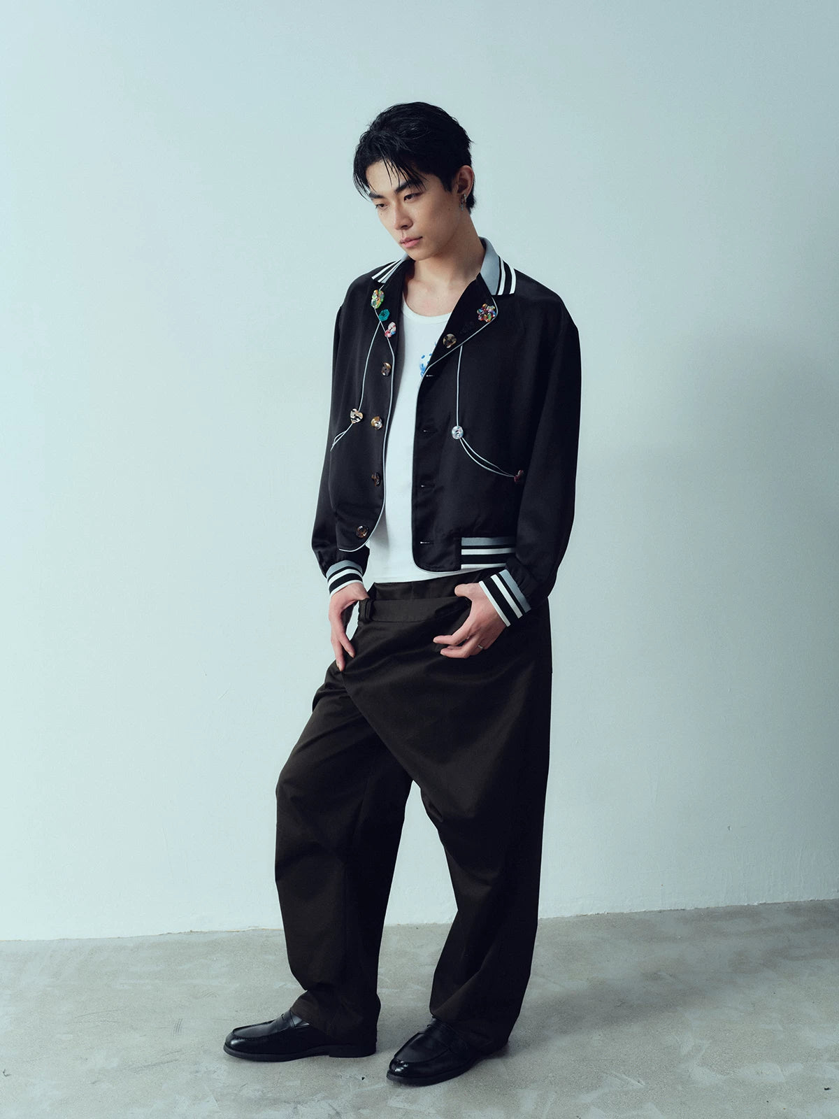 Ribbed Collar Shell Button Acetate Jacket