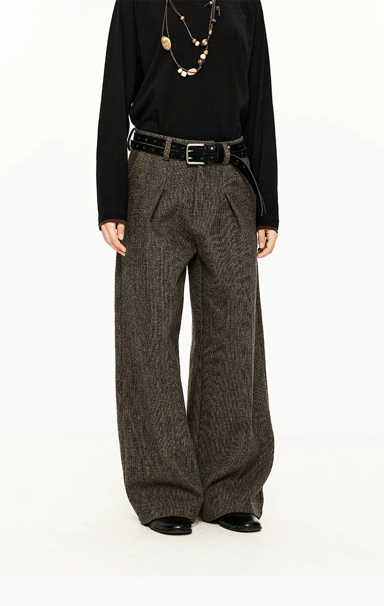 Wide Leg Pleated Wool Houndstooth Pants