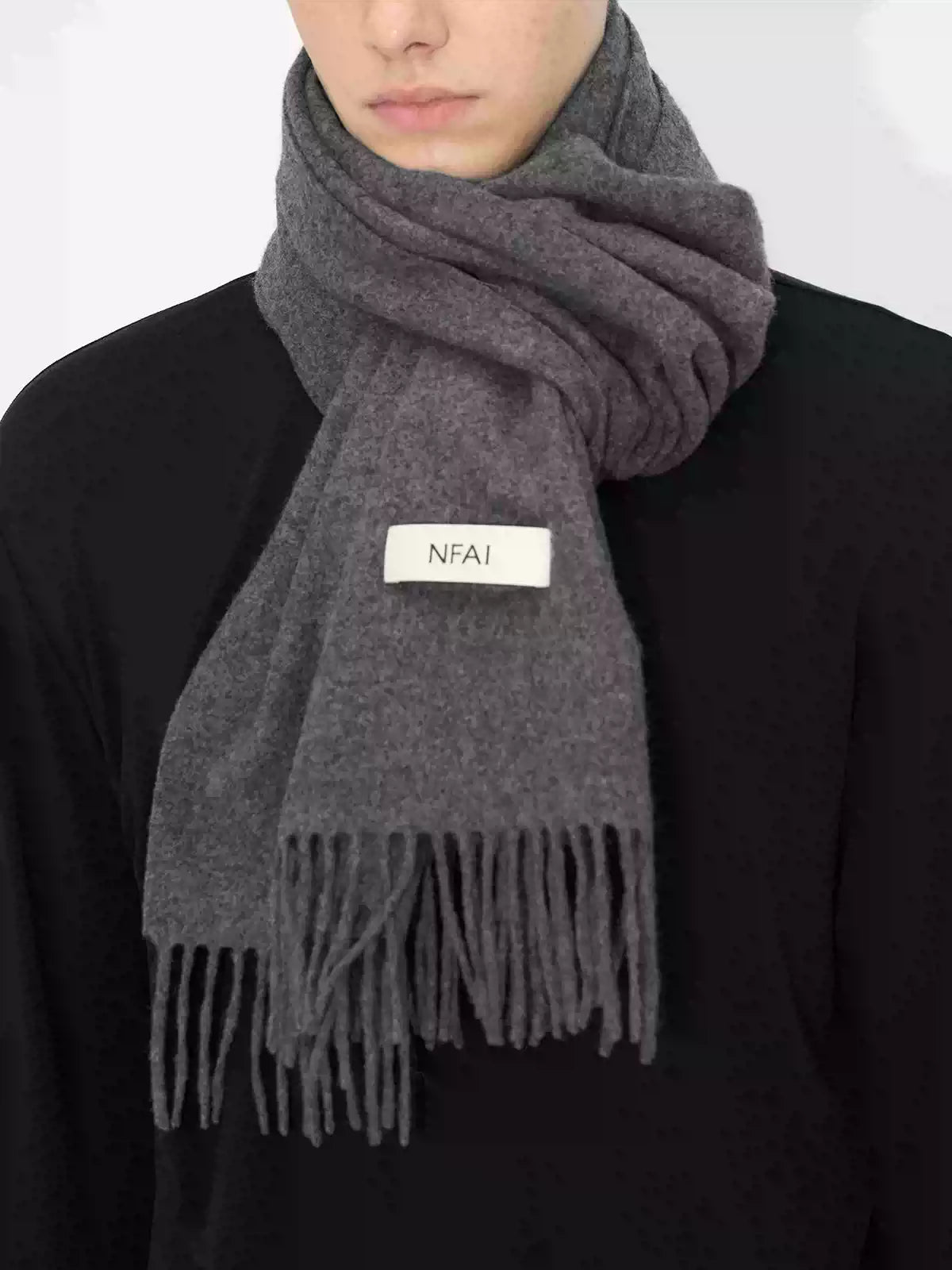 Soft Black Grey Fringed Wool Scarf