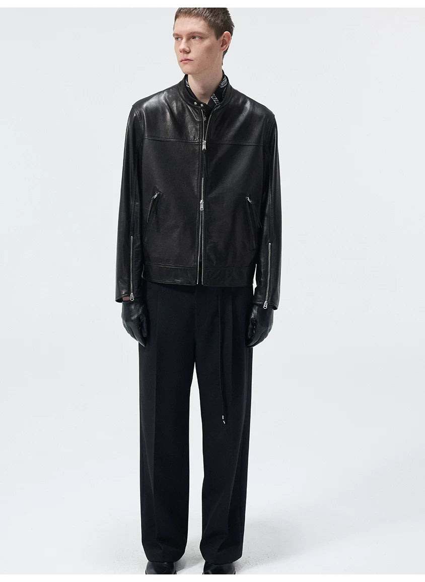 Short Stand Collar Cowhide Leather Jacket