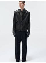 Short Stand Collar Cowhide Leather Jacket
