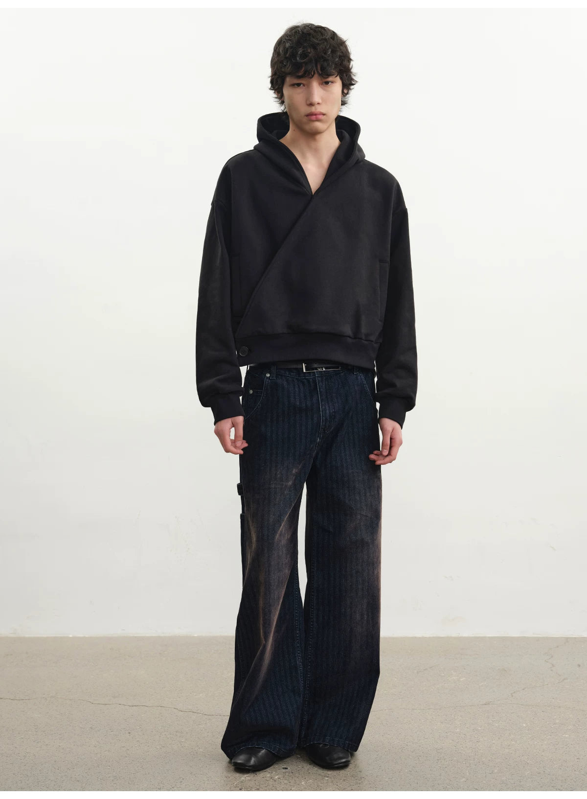 Relaxed Double Button Cross Neck Hoodie