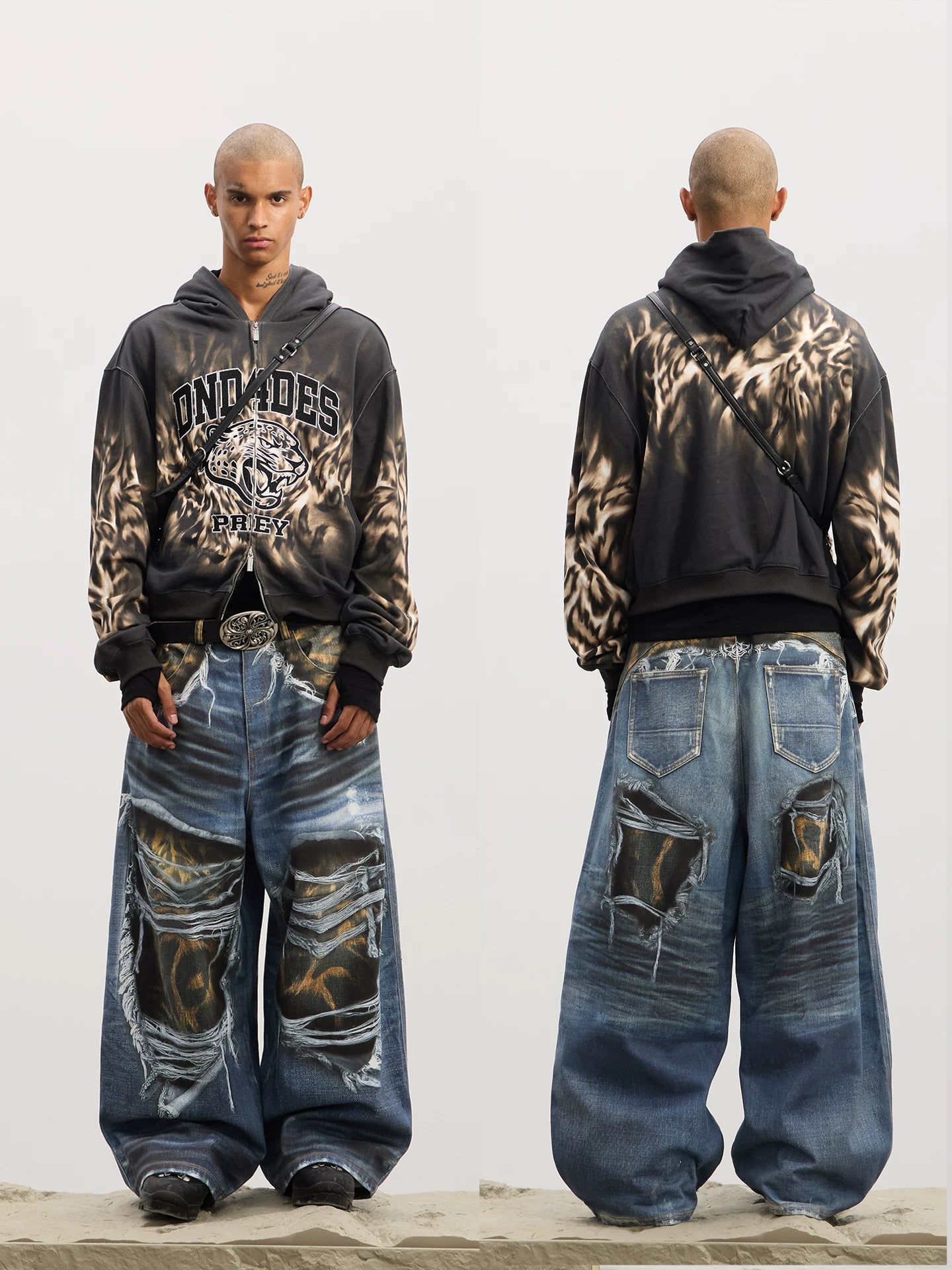 Leopard Print Ripped Washed Baggy Jeans