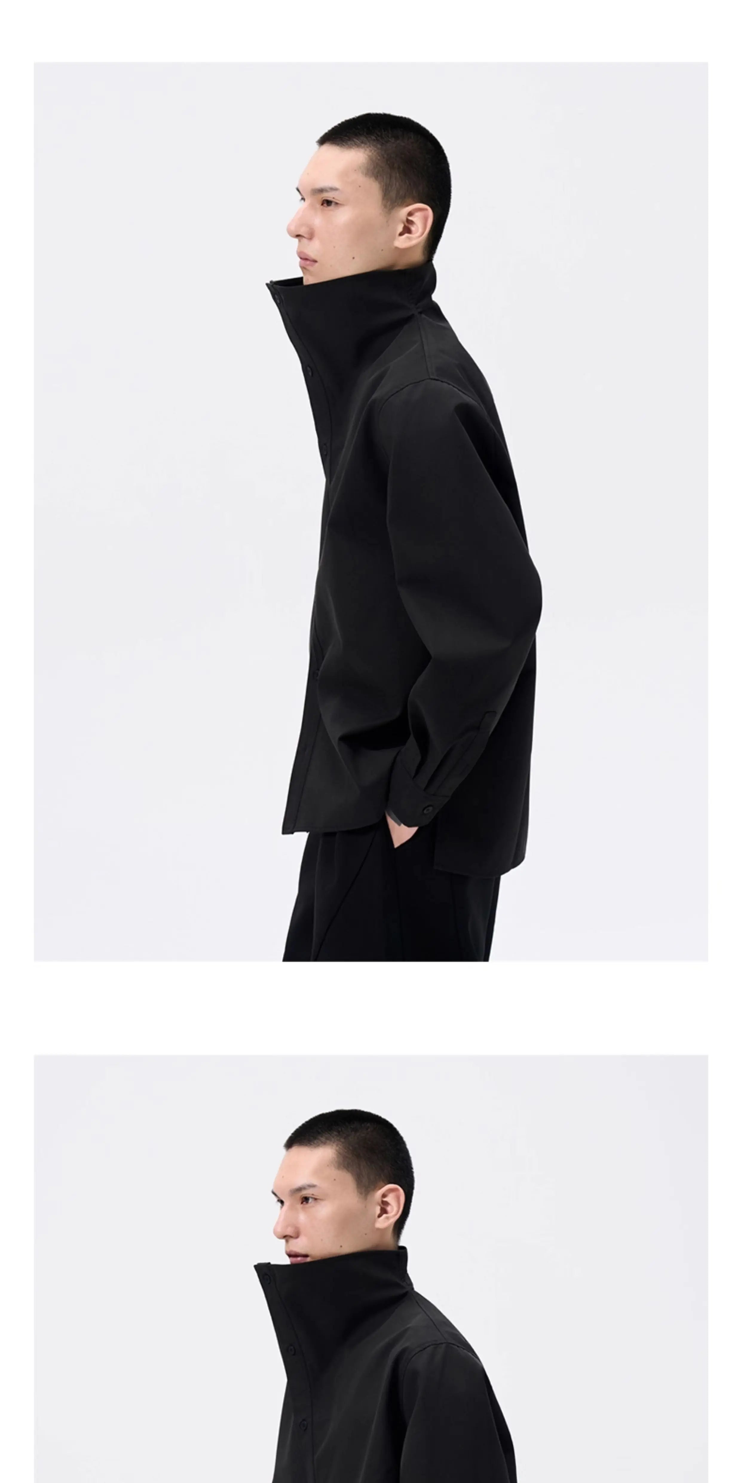 Black Oversized Stand Collar Shirt Jacket