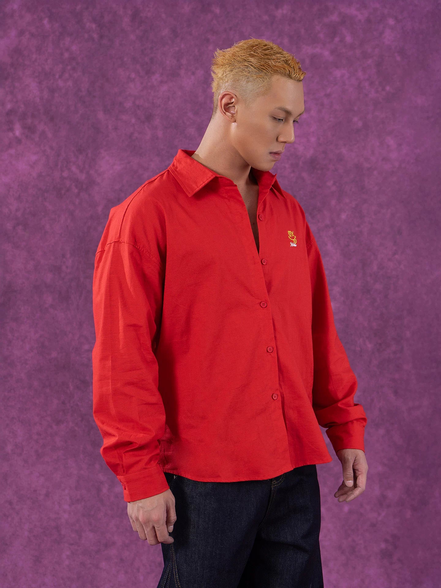 Red Oversized Collared Long Sleeve Shirt