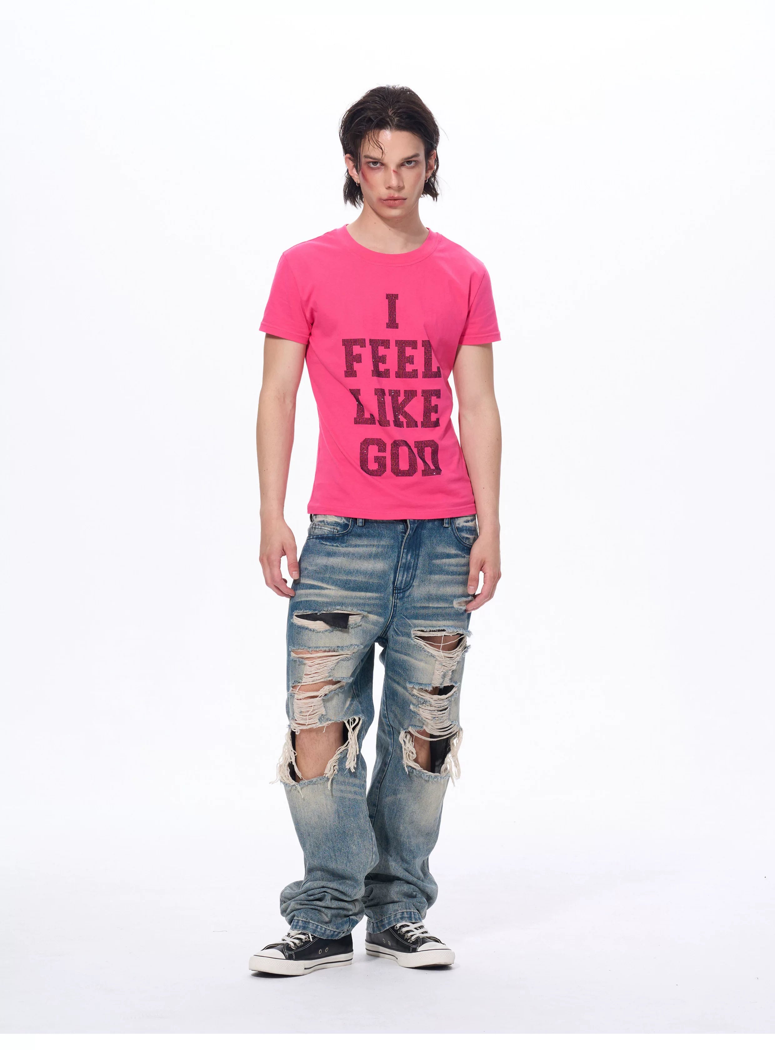 Men's Rhinestone Letter Crew Neck Tees