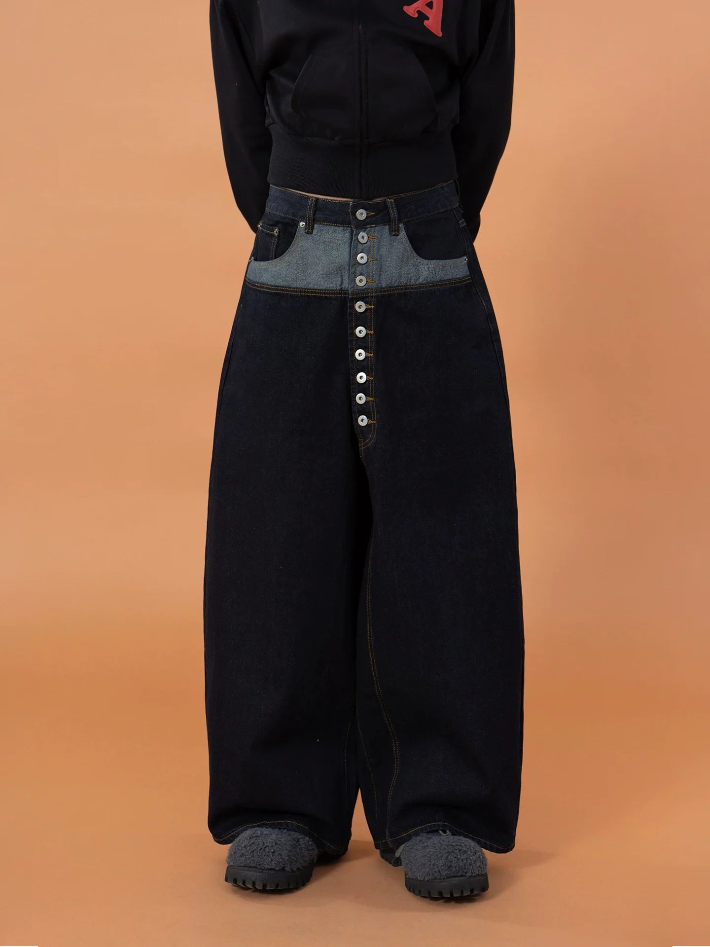 Men's Blue Patchwork Button Cargo Jeans