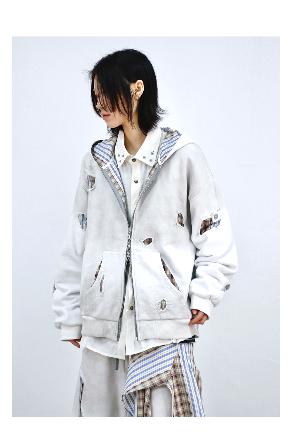 Stripe Patchwork Washed Zip Hoodie